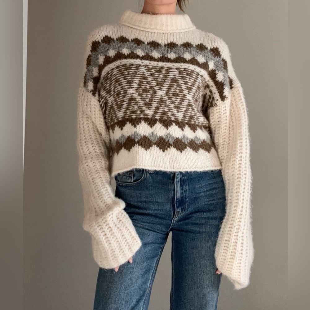 Free People Cream Fair Isle Cropped Turtleneck Sweater
